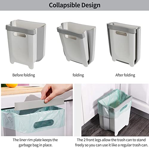 Hanging Collapsible Trash Can - 9L Wall Mounted Foldable Waste Bin for Kitchen Cabinet Door - Quickly Clean Counter, Sink, Bathroom - RV, Car, Camping Folding Garbage Basket (White) - color: White