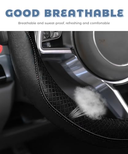 Steering Wheel Cover,Car Accessories 14.5-15 Inch Leather Steering Wheel Cover,Anti-Slip Breathable Microfiber Leather Covers,Warm in Winter and Cool in Summer,Fit for Suvs (Black) - color: Black