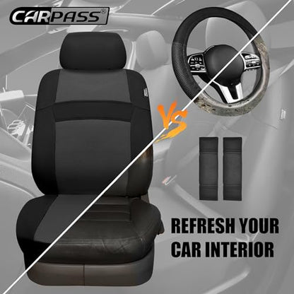 CAR PASS Universal 13PCS 3D Air Mesh Car Seat Covers -100% Breathable Seat Covers Full Sets Steering Wheel and Belt Cover Airbag and Rear Split Bench Compatible for Automotive SUV Truck (Pure Black) - color: Black, size: Full set