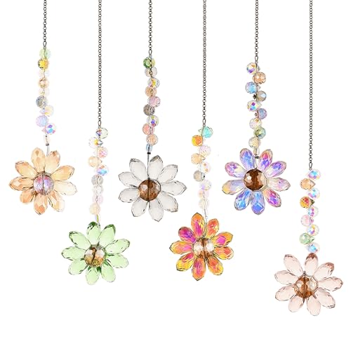 6 PCS Crystal Flower Suncatchers Hanging Ornaments Colorful Crystal Sunflower Rainbow Maker Hanging Pendant Windows Indoor Outdoor Garden Decorations - color: Crystal Flower - Suncatchers