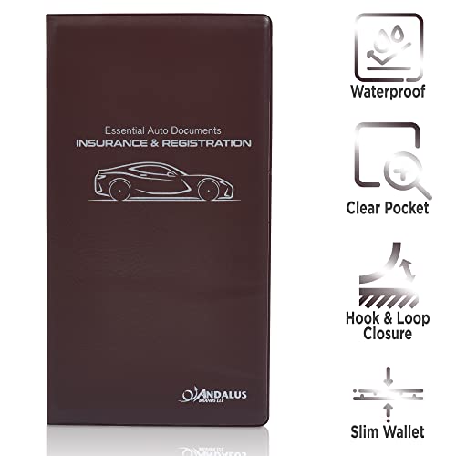 Andalus Auto Registration & Insurance Card Holder Pack of 2, Waterproof Essential Car Registration Holder with Hook & Loop Closure, Perfect for Every Vehicles Glove Boxes (Brown - 9.5" x 5.15") - color: Brown