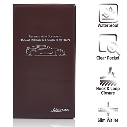 Andalus Auto Registration & Insurance Card Holder Pack of 2, Waterproof Essential Car Registration Holder with Hook & Loop Closure, Perfect for Every Vehicles Glove Boxes (Brown - 9.5" x 5.15") - color: Brown