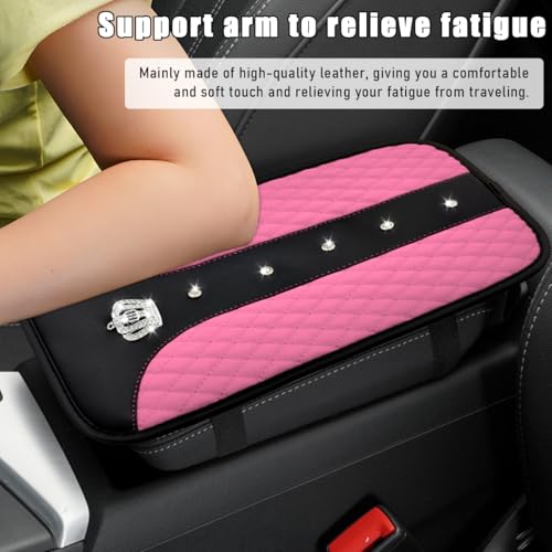 Bling Crown Car Center Console Mats, Anti-Slip and Waterproof Crystal Car Armrest Pad Protector, Universal Rustproof Armrest Decor Cushion for Cars & SUVs, Car Accessories (Pink) - color: Pink