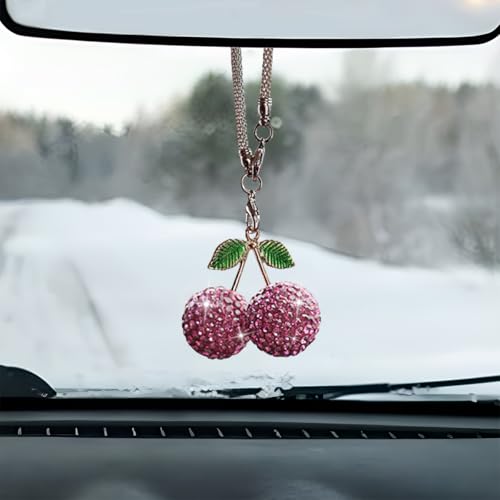 Bling Cherry Car Rear View Mirror Charm, Rhinestone Auto Rearview Mirror Pendant Ornament, Sparkly Diamond Hanging Decoration, Lucky Vehicle Interior Accessory for Women (Purple) - color: Purple