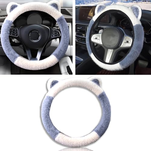 Car Steering Wheel Cover, Cute Steering Wheel Protector with Kitty Cat Ears,Fluffy Soft Plush for Winter Warm, Universal Fit 15 inches for Car,SUV, Elastic & Anti-Slip (Blue/White) - color: Blue/White