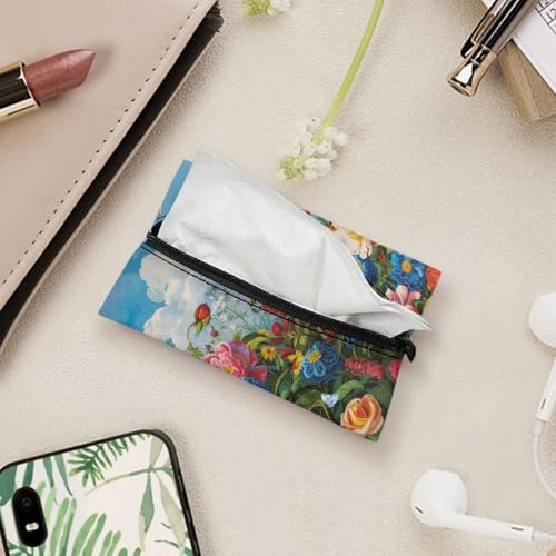 Floral Fabric Purse Zipper Tissue Bag Butterfly Pattern Pocket Tissues Travel Packs Washable Tissue Holder 5.2 x 3.2 Inch Tissue Packs for Coins Tissue Cards Car Travel Office Home - color: Floral Butterfly