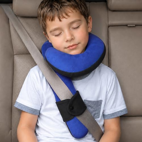 Kids Travel Neck Pillow, Toddler Travel Pillow for Car & Airplane and Head & Chin Support, Comfortably Travel Neck Pillow for Road Trip Rest, Gifts for Toddler/Kids - color: Black & Light Blue