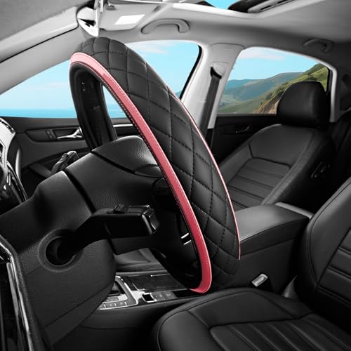 Road Comforts Leather Steering Wheel Cover – Black & Pink, Universal Fit 14.5-15 Inch, Microfiber Leather, Anti-Slip & Breathable Design for Men and Women - color: Light Pink