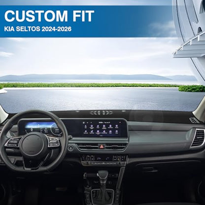 KUST Black Dash Cover Compatible with Kia Seltos 2024 2025 2026 Dashboard Cover Accessories for Seltos Non-Slip Polyester Dashboard Mat Custom Fit Center Console Sunshield Protector No Glare - size: Seltos 24-26(Black)