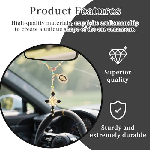 Virgen De Guadalupe Car Charm - Steering Wheel Accessory & Rearview Mirror Hanging, Cross Pendant Automotive Protection Decor - color: Gold-black