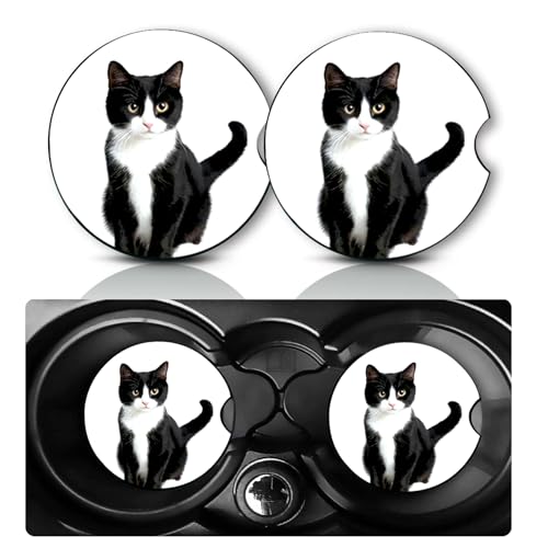 2Pack Cat Car Cup Holder Coasters,Cars Coasters for Cup Holders,2.75" Universal Anti Slip Rubber Mat with Finger Slot,Black White Cat Car Accessories Interior Decor,Cats Gifts for Women,Men - color: Black White Cat