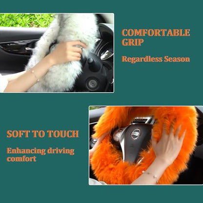 Fluffy Genuine Sheepskin Steering Wheel Cover Set for Women Parents-Fuzzy Soft Australian Merino Wool Wrap with Gear Shift and Hand Brake Covers, Cozy Stylish Luxury Car Accessories (Black) - color: Black