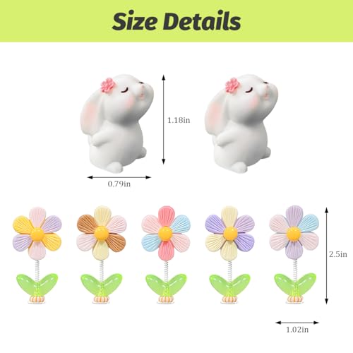 7PCS Cute Car Dashboard Decorations, Shaking Spring Flower & Funny Bunny Vehicle Center Console Ornament, Automotive Rearview Mirror Decor for Men Women, Universal Fit