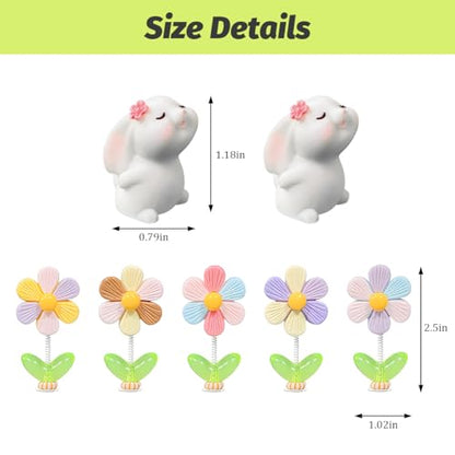 7PCS Cute Car Dashboard Decorations, Shaking Spring Flower & Funny Bunny Vehicle Center Console Ornament, Automotive Rearview Mirror Decor for Men Women, Universal Fit
