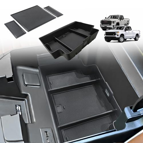 Center Console Organizer Compatible with 2022-2026 Chevy Silverado/GMC Sierra 1500, 2024-2026 Silverado & Sierra 2500 3500HD Armrest Storage - Full w/Bucket Seats ONLY(Console Tray&Mats Set) - size: Console Tray