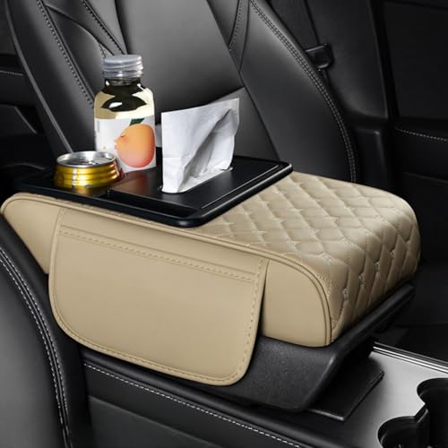 Center Console Cover Organizer, 5-In-1 Arm Rest Cover for Car with Cup Holder & Storage Pocket & Tissue Holder, Armrest Cover Cushion Pad, Grid, Beige - color: Beige, size: Grid