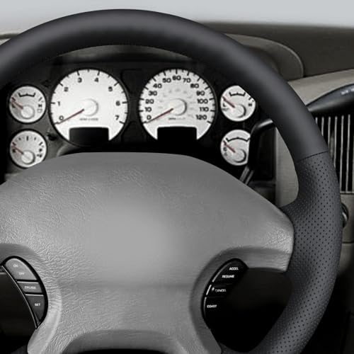 MEWANT Hand Stitch Steering Wheel Cover for Dodge Ram 1500 2002-2003 Dodge Ram 1500 Steering Wheel Wrap Truck Accessory - color: Black Faux Leather&Black Thread