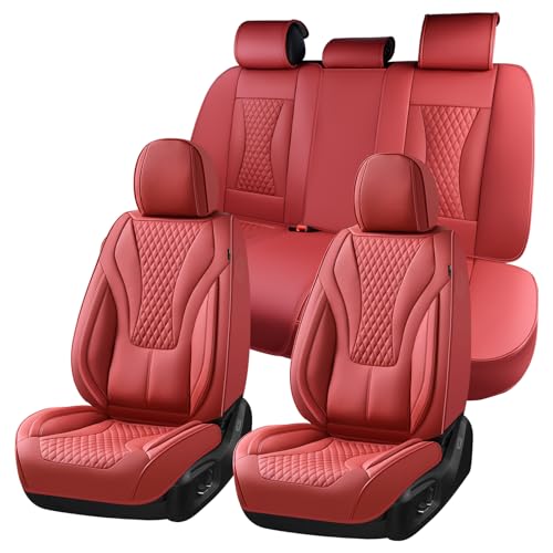Coverado Waterproof Nappa Leather Car Seat Covers Full Set, Red 5-Seat Car Seat Protector, Front & Rear Cushions Fit for Most Sedans, SUVs, Pick-up Trucks - color: pure red