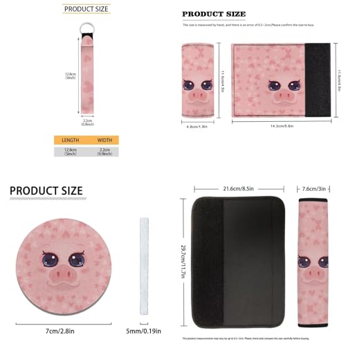Cute Pig Car Seat Cover Full Set 17 Pc,Floor Mats/Car Seat Cushion/Steering Wheel Cover/Seat Belt Mats/Armrest Mats/Coasters/Keychains Interior Protective Accessories 15 - color: Cute Pig