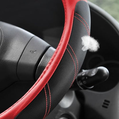 Elantrip Leather Steering Wheel Cover 14 1/2 to 15 inch Universal Padded Soft Grip Breathable for Car Truck SUV Jeep Anti Slip Black and Red - color: Black and Red, size: 14 1/2 - 15 Inch
