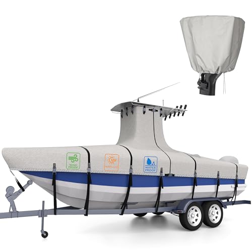 100% Waterproof T-Top Boat Cover Ultra-Thick 1200D Heavy-Duty Tear-Resistant Polyester with Motor Cover & 15 Reinforced Straps, for 17"-19" Center Console Boat with T Top Roof - color: Gray, size: 17'-19' Long (Beam Width Up to 106")