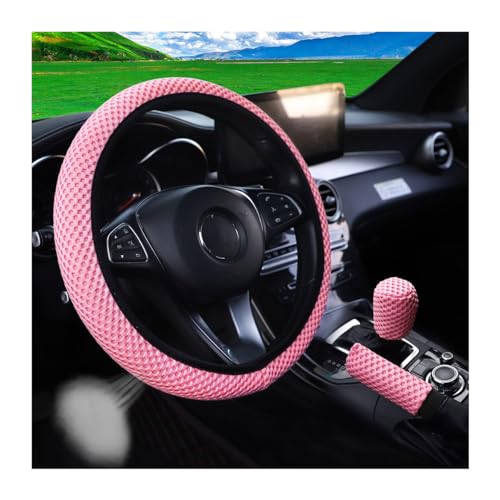 Bittwee 3PCS 15Inch Car Steering Wheel Cover Armrest Cover Gear Shift Cover Set, Microfiber Breathable Anti-Slip Automotive Steering Wheel Protector, Vehicle Interior Decor, Universal Fit（Pink） - color: Pink