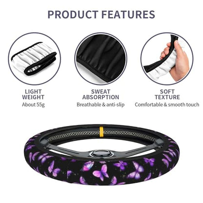 Purple Butterfly Steering Wheel Cover - Beautiful Butterfly Steering Wheel Covers Car Cup Holder Pad 2 Pack Accessories Universal 15 Inch Auto Anti-Slip Car Wheel Protector - color: Purple butterfly