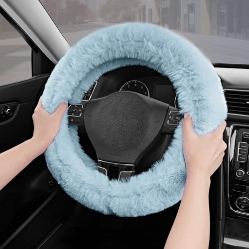 Road Comforts Steering Wheel Cover, Fluffy Car Wheel Covers for Women/Girls/Ladies，Soft Wool Fur Steering Wheel Protector, Universal 14 1/2 inches to 15 inches - Blue - color: Blue