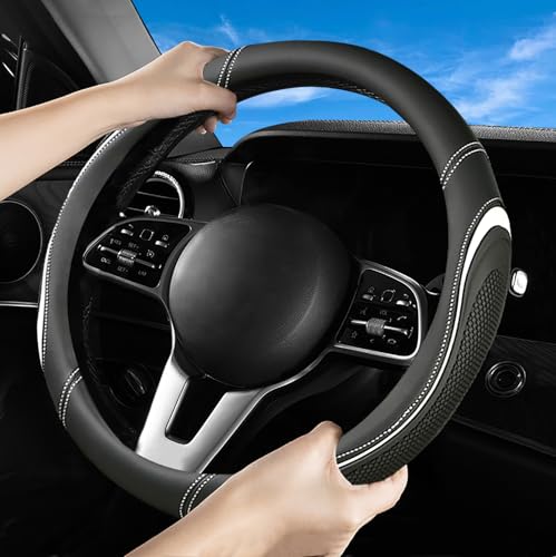Leather Splicing Black White Car Steering Wheel Cover,14.5-15 Inch Universal Microfiber Leather Covers Breathable Anti-Slip Odorless Steering Wheels Accessories for Men Women - color: Leather Splicing - Black and White
