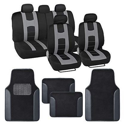 BDK carXS Forza Series Light Gray Seat Covers Full Set Combo with Car Floor Mats - Front and Rear Bench Seat Cover & Floor Mat Protector Set, Interior Covers for Auto Truck Van SUV