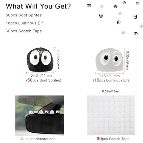 60Pcs Soot Sprites Car Mirror Decorations with Adhesive Dots - 50 Black & 10 Glow in Dark Rearview Mirror Charms - Kawaii Anime Ornaments for Dashboard, Hanging Decor - Unique Easter Gift