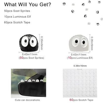 60Pcs Soot Sprites Car Mirror Decorations with Adhesive Dots - 50 Black & 10 Glow in Dark Rearview Mirror Charms - Kawaii Anime Ornaments for Dashboard, Hanging Decor - Unique Easter Gift