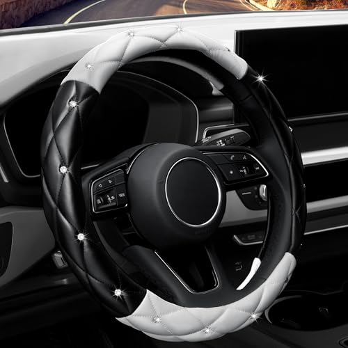 YOGURTCK Cute Diamond Soft Leather Anti-Slip Steering Wheel Cover with Bling Bling Crystal Rhinestones, Universal 15 Inch for Women Girls, Fit Vehicles, Sedans, SUVs, Vans, Trucks - Black and White - color: A-Black and White