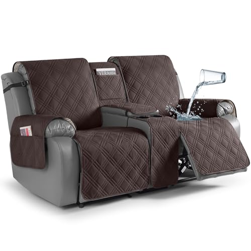 TAOCOCO Loveseat Recliner Cover with Center Console, 100% Waterproof Pet Cover for Dual Recliner with Straps Design, Split Reclining Loveseat Covers Furniture Pet&Kids Protector (2 Seater, Chocolate) - color: Chocolate, size: 2 Seater