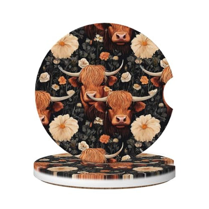 Absorbent Ceramic Car Coasters for Cup Holders, Yak Highland Cow Flower Design 2.56" Anti Slip Universal Drink Cup Coasters for Women Men (2 Pack) - color: Yak Highland Cow Flower