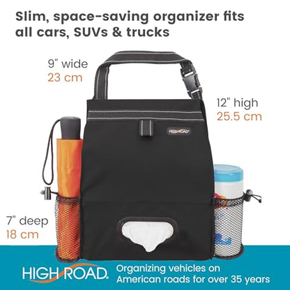 High Road Car Organizer with Car Trash Bag and Tissue Holder - Holds Full Size Tissue Box, Bottles and Wipe Containers - 2 Gal Leakproof Covered Car Trash Can with Push-Close Lid - color: Black