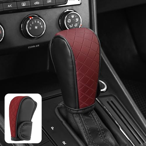 Leather Car Gear Shift Knob Cover, Exquisite Embroidery Design, Durable Anti-Slip Shifter Lever Protector, Universal Shift Knob Decoration Accessories for Most Car, SUV, Truck (Burgundy) - color: Burgundy