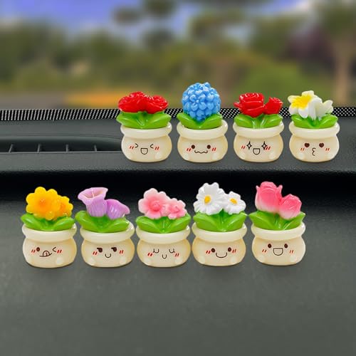 Set of 9 Mini Resin Potted Flowers Plants Cute Car Decoration for Dashboard & Rear View Mirror, Home Office Desktop Display Screen Ornaments, Car Interior Accessories for Womens Gift