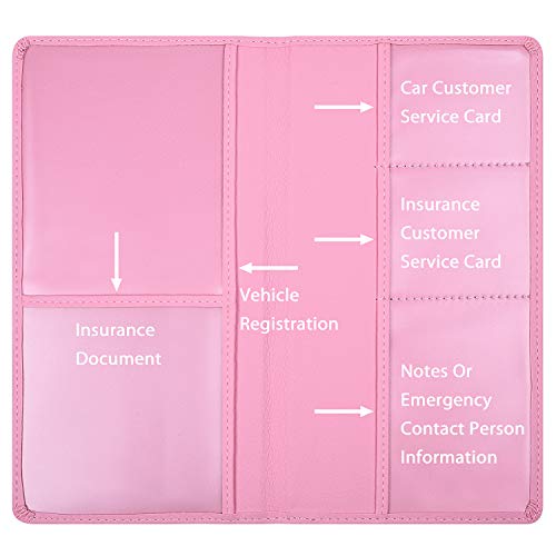 Wisdompro Car Document Holder Organiser, PU Leather Vehicle Insurance and Registration Holders Wallet Case for ID Card, Driving Licence, Key Contact Information Cards - color: Pink