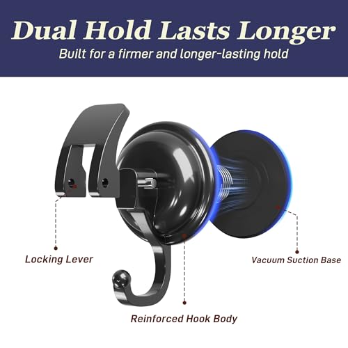Heavy Duty Vacuum Suction Cup Hooks, Matte Black Plated Polished Super Suction for Kitchen Bathroom, 2 Pack