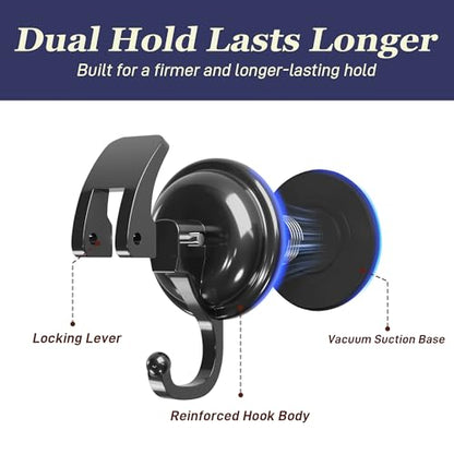 Heavy Duty Vacuum Suction Cup Hooks, Matte Black Plated Polished Super Suction for Kitchen Bathroom, 2 Pack