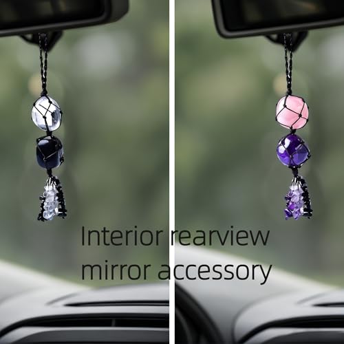 2PCS Natural Crystal Decorative Stone Car Hangings for Good Luck, Protection, Positive Energy, with Stone Chips Fringe, Car Rearview Mirrors and Home Decor Hanging Ornaments
