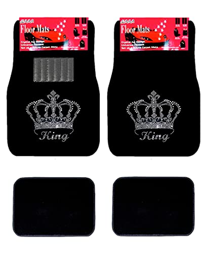 Universal Fit Car Truck Front/Rear 4-Piece Full Set King Crown Crystal Bling Rhinestone Design Studded Black Carpet Floor Mats (King-Black) - color: King-Black