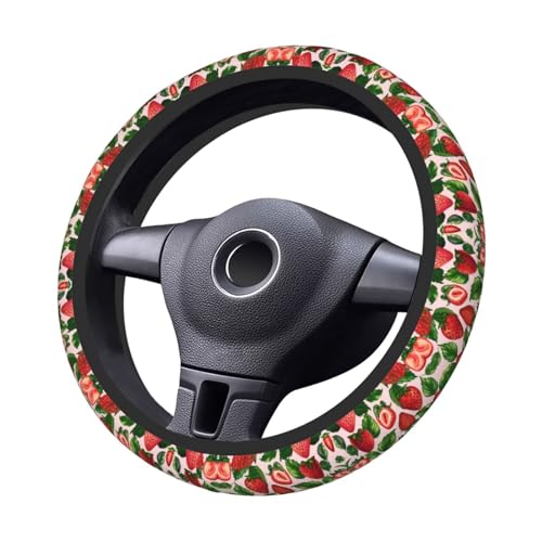 Cute Strawberry Print Neoprene Steering Wheel Cover Pink Steering Wheel Protector Universal Fit 14-15.5 inches Car Accessories Anti Slip and Washable - color: Cute Strawberry