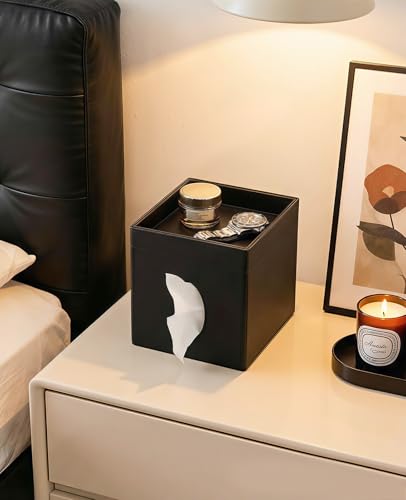 Luxspire Square Tissue Box Cover, PU Leather Square Tissue Box Cover with Storage Tray, Tissue Box Holder, Tissues Cube Boxes Cover for Living Room, Bedroom Countertop Cars Hotels, Black