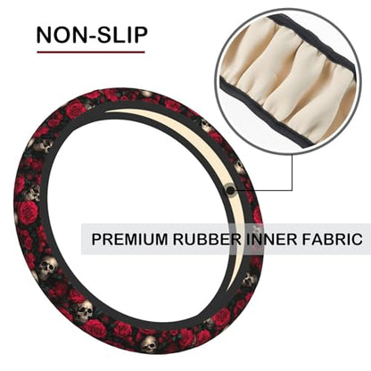 Red Rose Skull Steering Wheel Cover, Non-Slip Breathable Neoprene Steering Wheel Covers, Car Accessories Universal 15 Inch Fit Auto, Suvs, Truck - color: Rose Skull