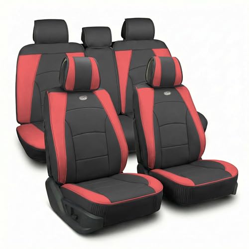 FH Group Ultra Comfort Highest Grade Faux Leather Full Set Cushion Pads Car Seat Covers for Front and Rear– Universal Fit for Cars Trucks & SUVs (Burgundy/Black)