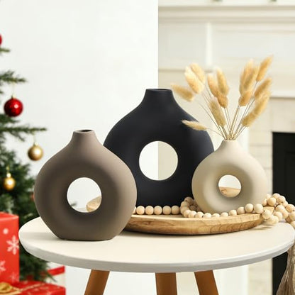 Ceramic Vase Home Table Decor - Flower Vases Set of 3 Small Living Room Centerpiece Decorations for Shelf Bedroom Office Kitchen Dining Desk Modern Aesthetic Farmhouse Decorative (Classic)
