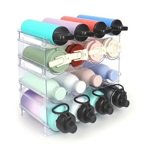 Stackable Water Bottle Organizer, 4-Tier Clear Large Compartment Holder with Stable One-Piece Side-Panel Design, Prevents Tipping & Rolling for Cabinet & Kitchen Storage, Holds 16 Bottles
