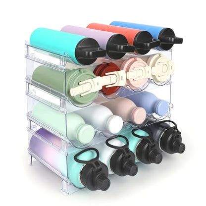 Stackable Water Bottle Organizer, 4-Tier Clear Large Compartment Holder with Stable One-Piece Side-Panel Design, Prevents Tipping & Rolling for Cabinet & Kitchen Storage, Holds 16 Bottles